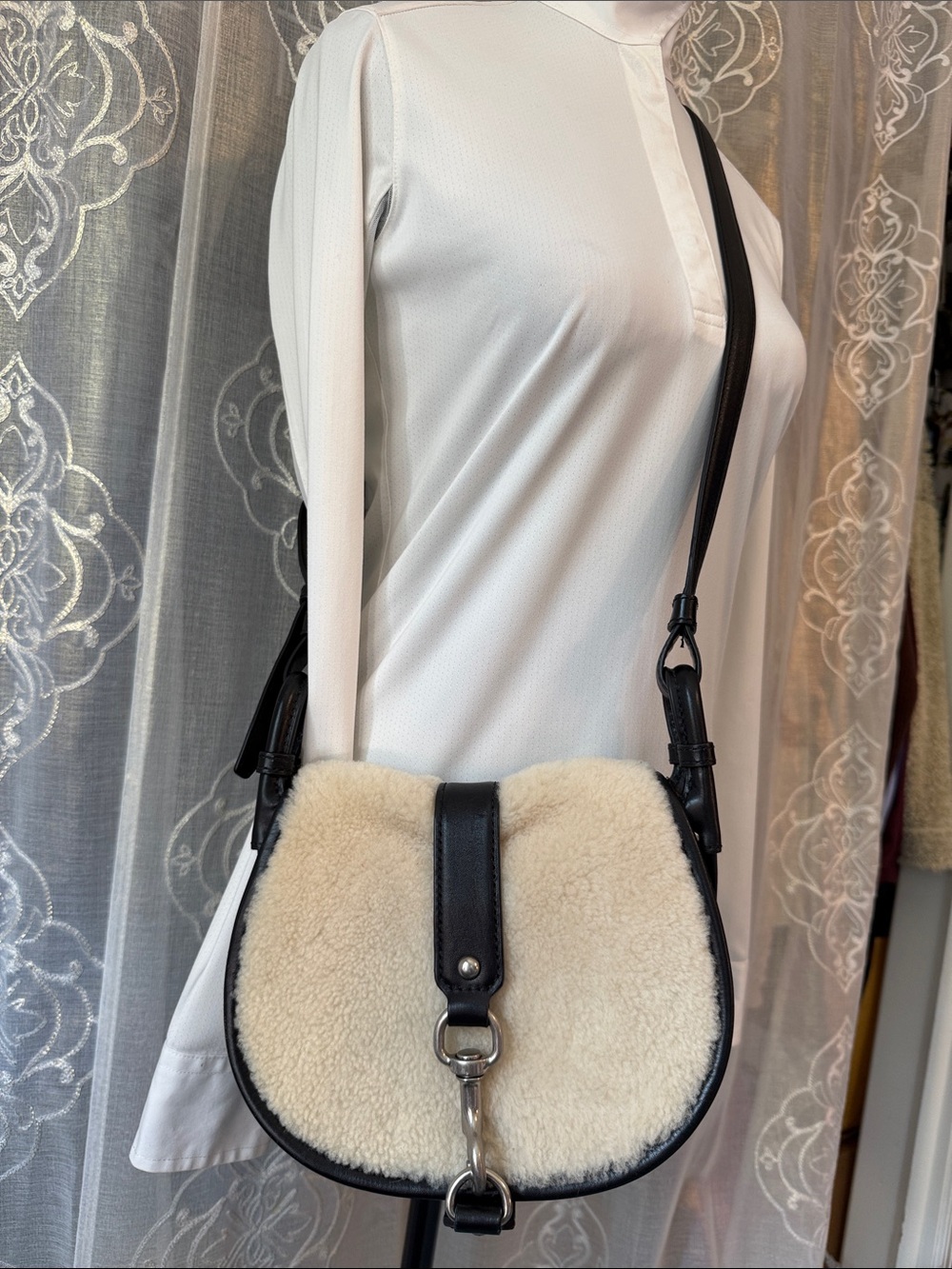 Michael Kors Jamie Cream Shearling Saddle Crossbody with Black Leather Trim